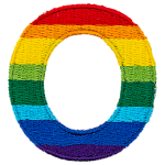 This patch is the letter O in bold font. It is coloured by descending rainbow stripes.