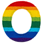 This patch is the letter O in bold font. It is coloured by descending rainbow stripes.