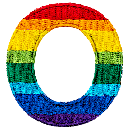 This patch is the letter O in bold font. It is coloured by descending rainbow stripes.