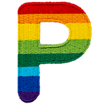 This patch is the letter P in bold font. It is coloured by descending rainbow stripes.