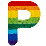 This patch is the letter P in bold font. It is coloured by descending rainbow stripes.
