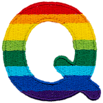 This patch is the letter Q in bold font. It is coloured by descending rainbow stripes.