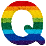 This patch is the letter Q in bold font. It is coloured by descending rainbow stripes.