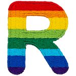 This patch is the letter R in bold font. It is coloured by descending rainbow stripes.