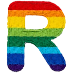 This patch is the letter R in bold font. It is coloured by descending rainbow stripes.