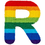 This patch is the letter R in bold font. It is coloured by descending rainbow stripes.