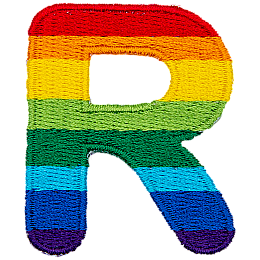 This patch is the letter R in bold font. It is coloured by descending rainbow stripes.