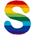 This patch is the letter S in bold font. It is coloured by descending rainbow stripes.