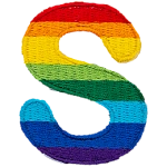 This patch is the letter S in bold font. It is coloured by descending rainbow stripes.
