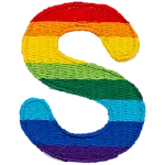 This patch is the letter S in bold font. It is coloured by descending rainbow stripes.