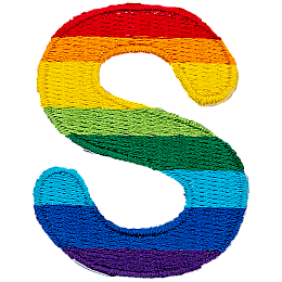 This patch is the letter S in bold font. It is coloured by descending rainbow stripes.