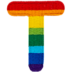 This patch is the letter T in bold font. It is coloured by descending rainbow stripes.