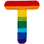 This patch is the letter T in bold font. It is coloured by descending rainbow stripes.