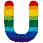 This patch is the letter U in bold font. It is coloured by descending rainbow stripes.