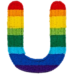 This patch is the letter U in bold font. It is coloured by descending rainbow stripes.