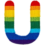 This patch is the letter U in bold font. It is coloured by descending rainbow stripes.