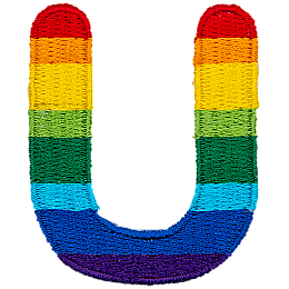 This patch is the letter U in bold font. It is coloured by descending rainbow stripes.