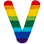 This patch is the letter V in bold font. It is coloured by descending rainbow stripes.