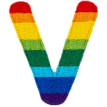 This patch is the letter V in bold font. It is coloured by descending rainbow stripes.