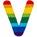 This patch is the letter V in bold font. It is coloured by descending rainbow stripes.