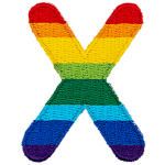 This patch is the alphabet letter X. From top down the colour changes from red to orange to yellow to light green to dark green to light blue to dark blue to purple.