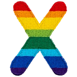 This patch is the alphabet letter X. From top down the colour changes from red to orange to yellow to light green to dark green to light blue to dark blue to purple.