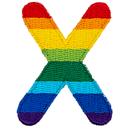 This patch is the alphabet letter X. From top down the colour changes from red to orange to yellow to light green to dark green to light blue to dark blue to purple.