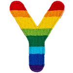 This patch is the alphabet letter Y. From top down the colour changes from red to orange to yellow to light green to dark green to light blue to dark blue to purple.