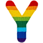 This patch is the alphabet letter Y. From top down the colour changes from red to orange to yellow to light green to dark green to light blue to dark blue to purple.