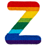 This patch is the alphabet letter Z. From top-down, the colour changes from red to orange to yellow to light green to dark green to light blue to dark blue to purple.