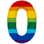 This patch is the number 0 in a bold font. It is coloured by descending rainbow stripes.