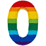 This patch is the number 0 in a bold font. It is coloured by descending rainbow stripes.