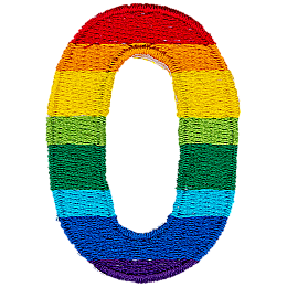 This patch is the number 0 in a bold font. It is coloured by descending rainbow stripes.