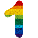 This patch is the number 1 in a bold font. It is coloured by descending rainbow stripes.