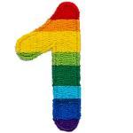 This patch is the number 1 in a bold font. It is coloured by descending rainbow stripes.