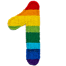 This patch is the number 1 in a bold font. It is coloured by descending rainbow stripes.