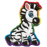 This cute zebra sits on its haunches. It is surrounded by a rainbow background.