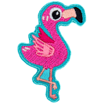 The side view of a kawaii pink flamingo standing on one leg.