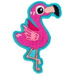 The side view of a kawaii pink flamingo standing on one leg.