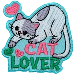 A grey and white cat is on top of the words Cat Lover.