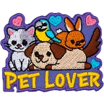 A grey and white cat, brown and white puppy, brown bunny, and blue parrot are on top of the words Pet Lover.