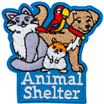 A dog, parrot, cat and hamster are above the words Animal Shelter.