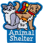 A dog, parrot, cat and hamster are above the words Animal Shelter.