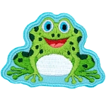 A green frog sits smiling with an open mouth at the viewer. 
