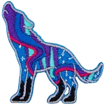 The northern lights are stitched inside the silhouet of a wolf.
