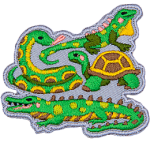 A snake, turtle, iguana, and crocodile sit together on this reptile-themed patch. 