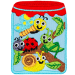 A jar contains a butterfly, grasshopper, ladybug and slug as well as a branch.