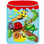 A jar contains a butterfly, grasshopper, ladybug and slug as well as a branch.