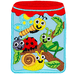 A jar contains a butterfly, grasshopper, ladybug and slug as well as a branch.