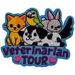 A cute puppy, kitten, bunny and bird sit above the words Veterinarian Tour.
